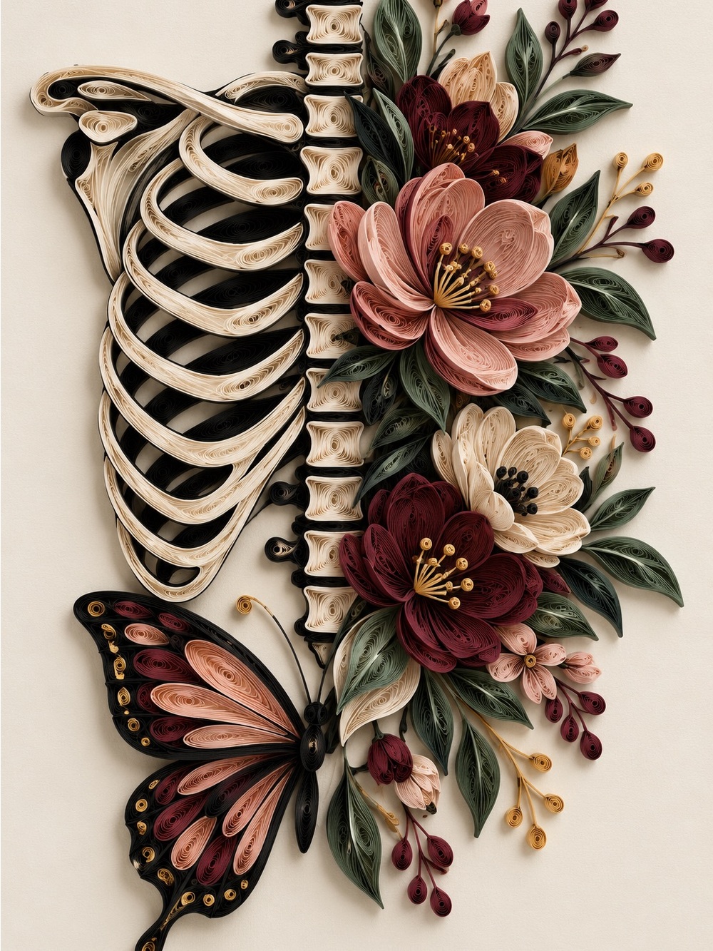 8x10 Framed Botanical Ribcage Wall Art Print in Blush, Burgundy & Cream by